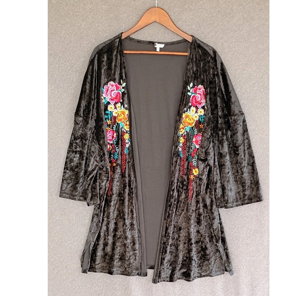 Jodifl Womens Floral Embroidered Velvet Kimono Open Front Cardigan Black Fall